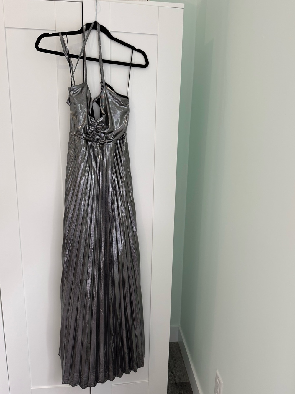 Shimmery Silver Pleated Maxi Dress with Spaghetti Straps